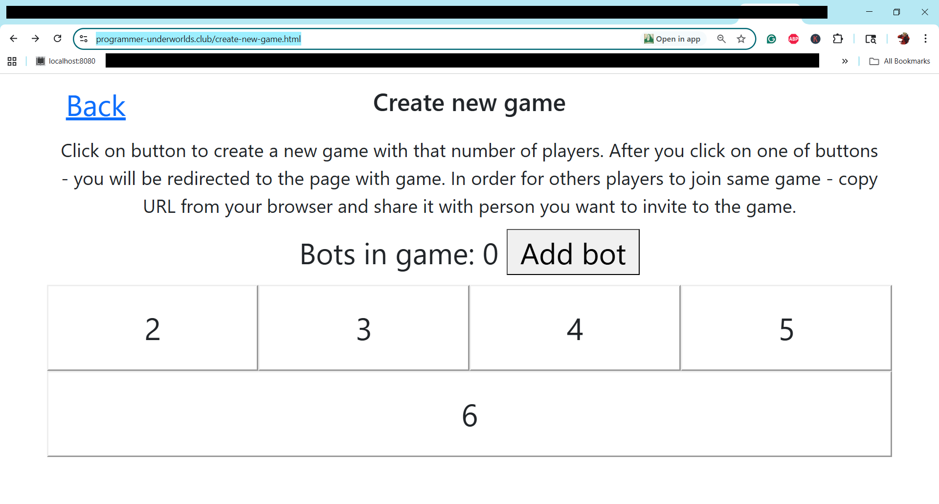Screenshot of create new game page that demonstrates 'Add bot' button'.